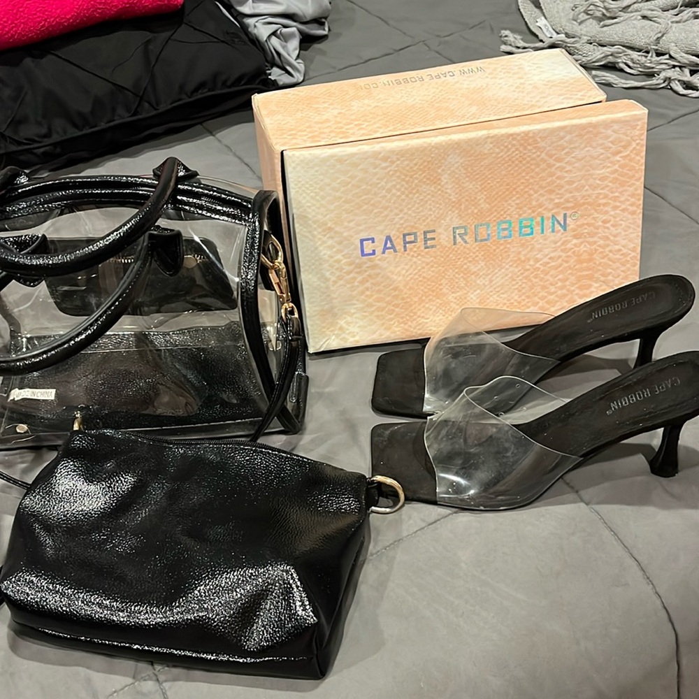 Transparent Black Handbag and shoes Size 9
